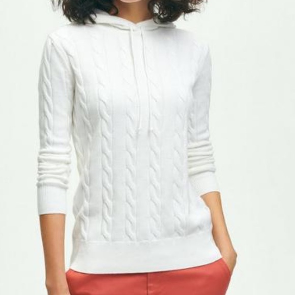 Brooks Brothers Women's White Cable Knit Hoodie Sweater Size Medium - Picture 1 of 6